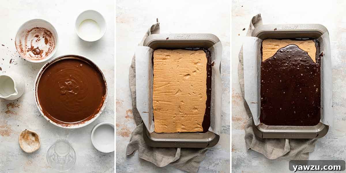 Step-by-step photos showing the first layer of brownie batter in the pan, the peanut butter filling carefully placed on top, and the remaining brownie batter poured to cover it.