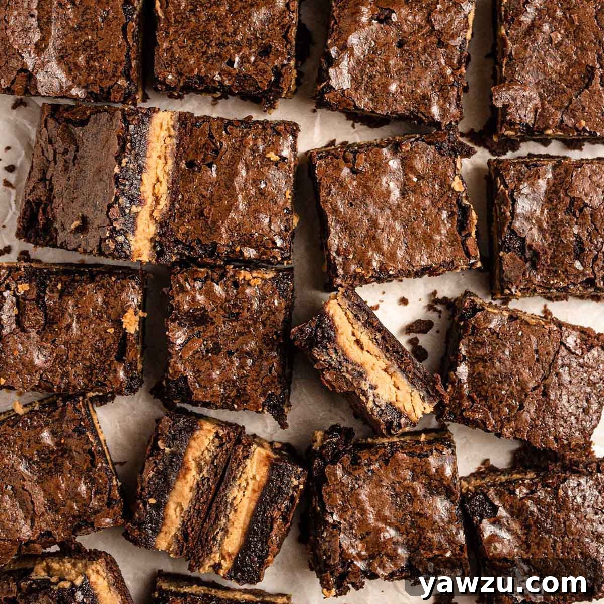 Overhead photo of cute squares of peanut butter brownies, some turned on their sides, showcasing their perfect layers.