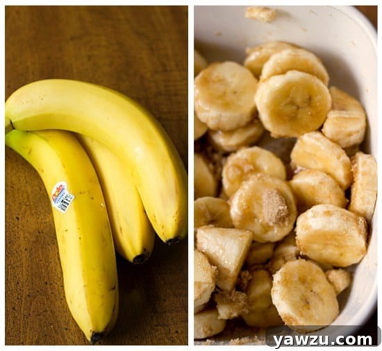Collage of 2 images of bananas and roasted banana slices in a white baking dish.