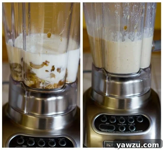 Collage of 2 images showing ingredients for roasted banana ice cream in a blender before and after blending.