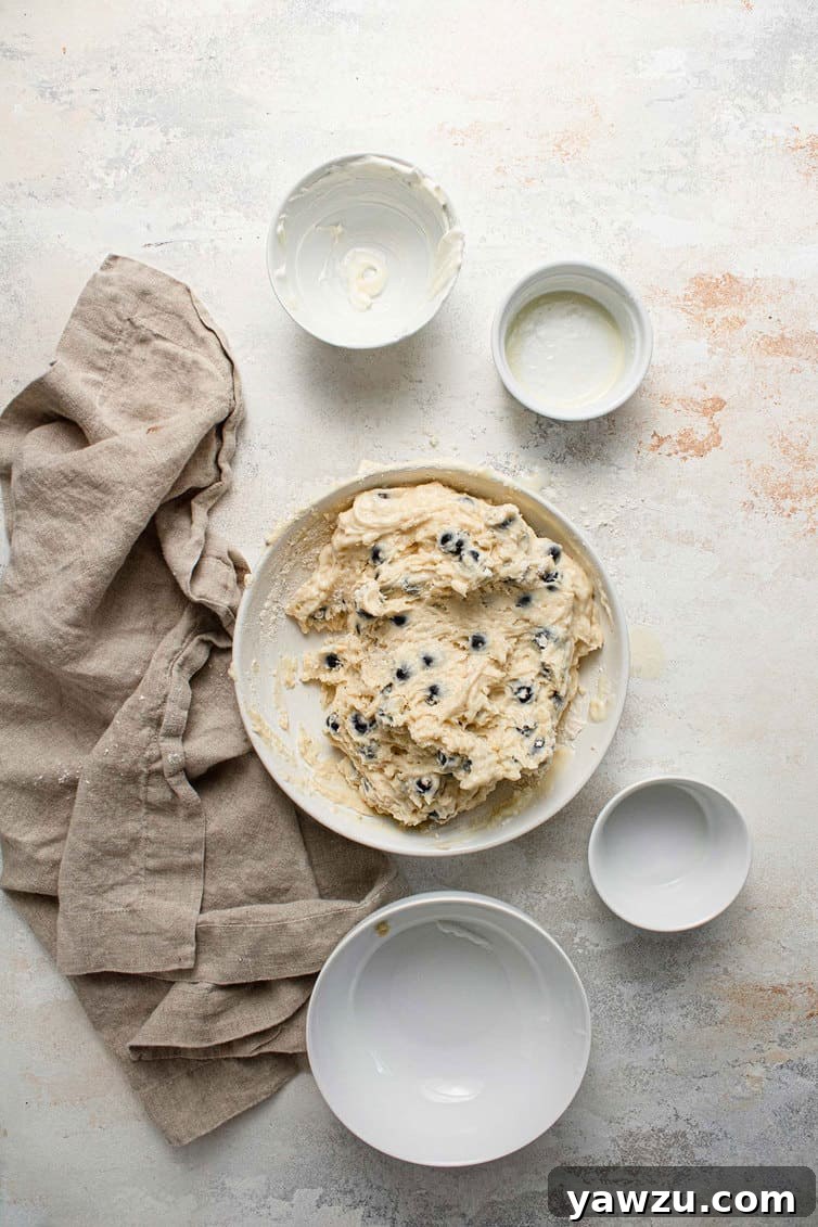 Blueberry muffin batter mixed together in a bowl.