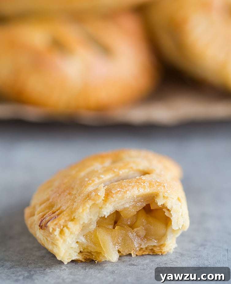 A close-up of an Apple Hand Pie with a large bite taken out, showing the apple filling.