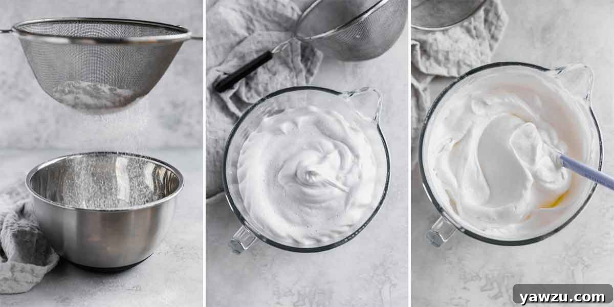 Series of photos showing sifted cake flour being gently folded into whipped egg whites, illustrating the delicate process for an airy texture.