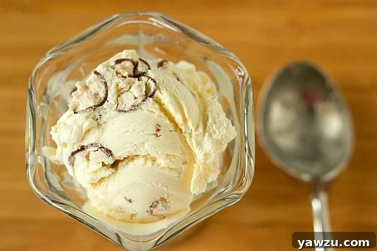 Two scoops of Malted Milk Ice Cream in a glass, topped with Whoppers