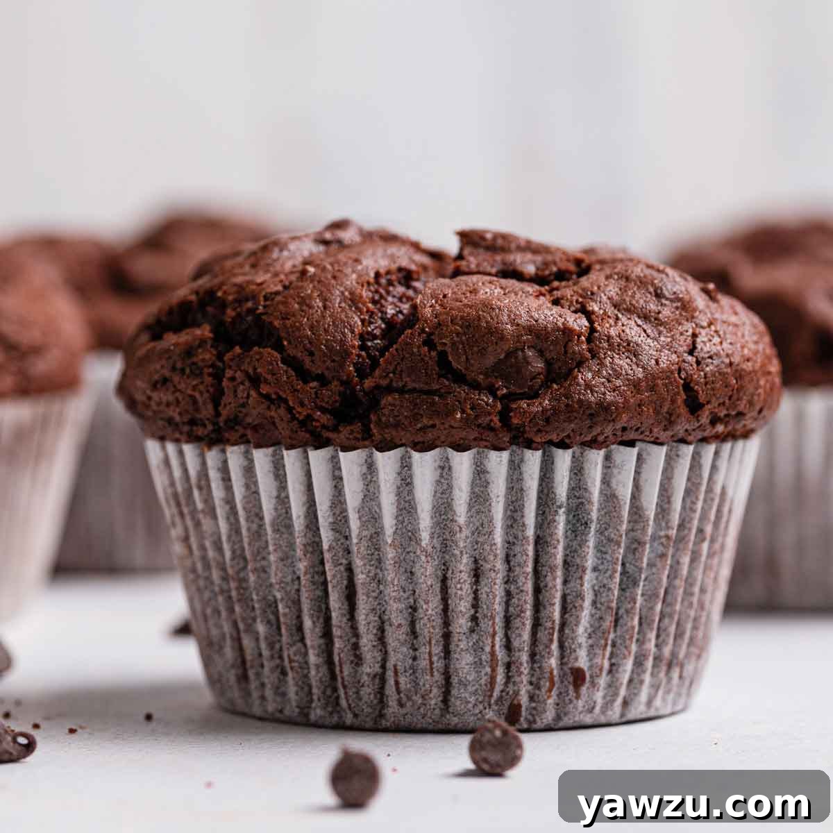 A close-up of a rich triple chocolate muffin, perfectly set in its white liner on a kitchen counter, with a blurred background of more delicious muffins.