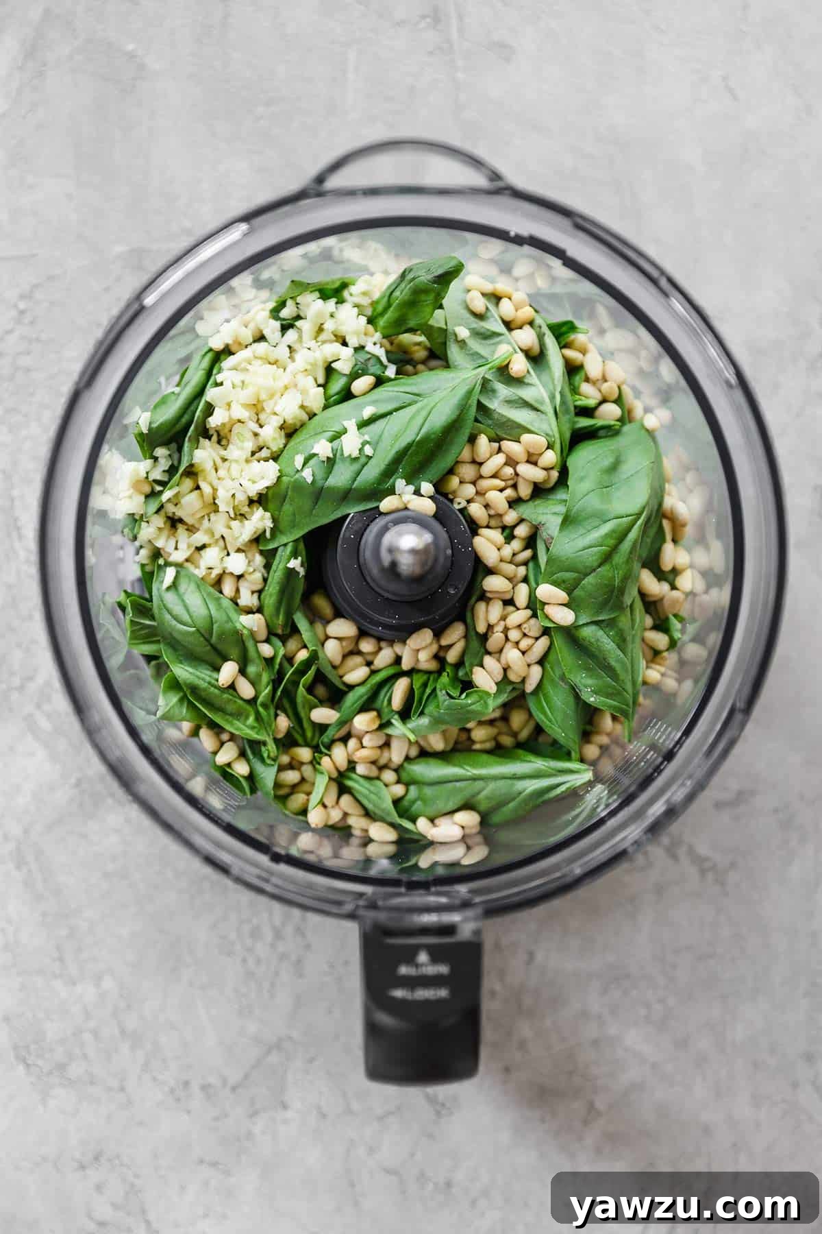 A top down photo of a food processor with the ingredients for pesto in the base.