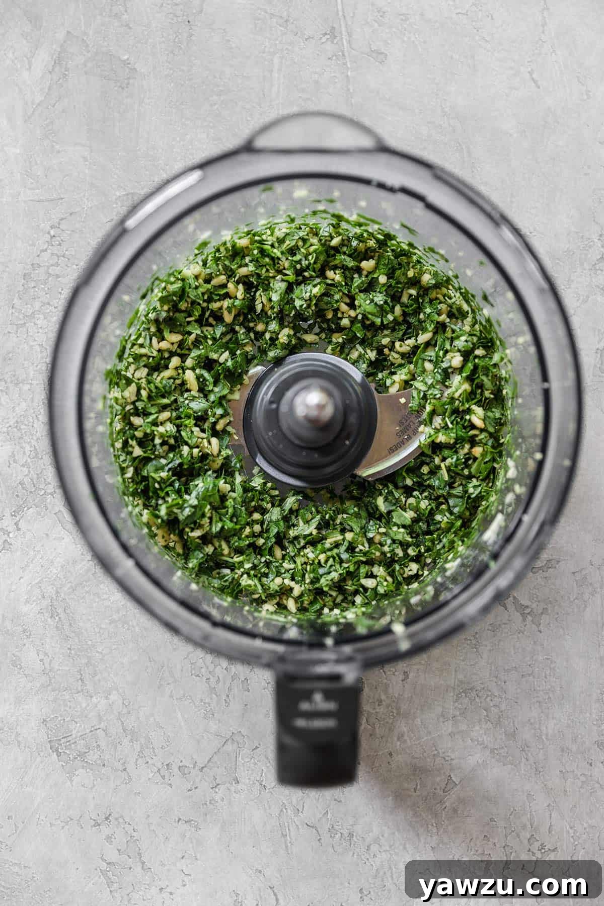 A top down photo of a food processor with ingredients for pesto after being pulsed.