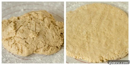 Dough for buttermilk doughnuts being patted out on a lightly floured work surface, ready for cutting.