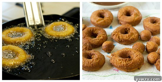 Buttermilk doughnuts frying in hot oil, turning golden brown and puffy, ready to be flipped.