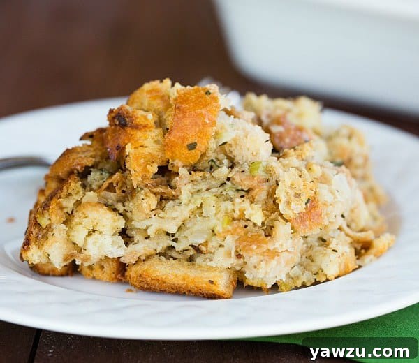 Classic Traditional Bread Stuffing, a quintessential side for Thanksgiving dinner and festive roasts.