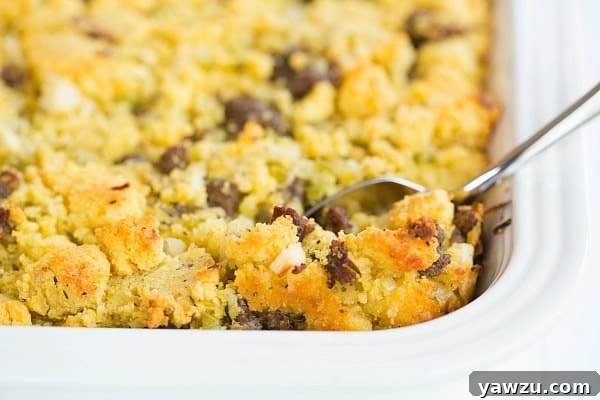 Hearty Sausage Cornbread Stuffing, a savory and flavorful side perfect for holidays.