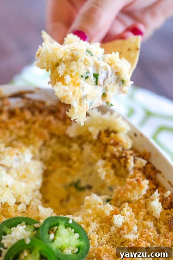 Jalapeño Popper Dip served in a baking dish with a variety of dippers like tortilla chips and vegetables.