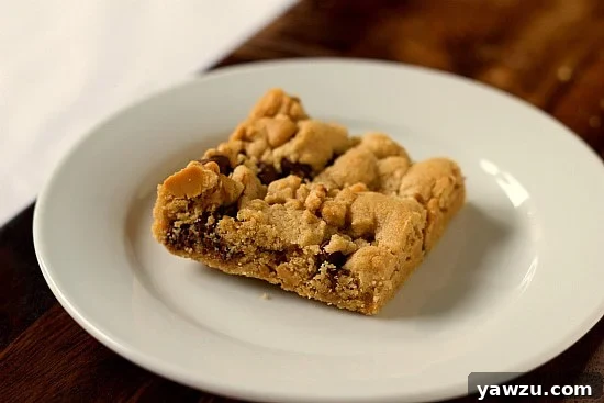 Arrangement of Peanut Butter Chocolate Chip Cookie Bars on a rustic wooden board, ready for serving.