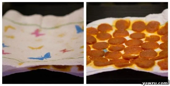 De-greased pepperoni slices on a paper towel, showing absorbed grease