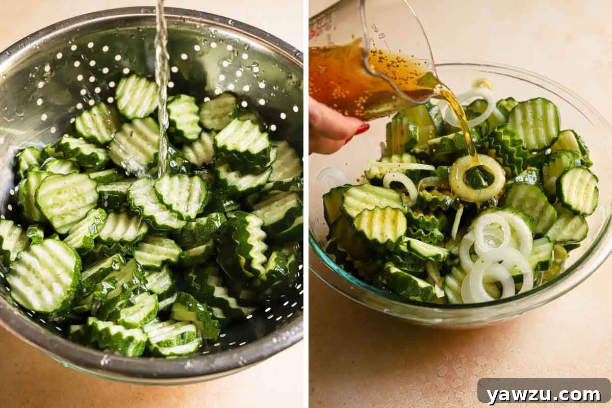 A side-by-side view showing freshly sliced cucumbers being rinsed under cold water on the left, and a vibrant golden brine being poured over a bowl of cucumbers and onions on the right.