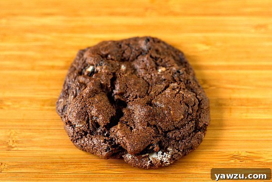 A stack of two Triple Chocolate Oreo Chunk Cookies revealing their thick, substantial texture and visible chocolate and Oreo pieces.
