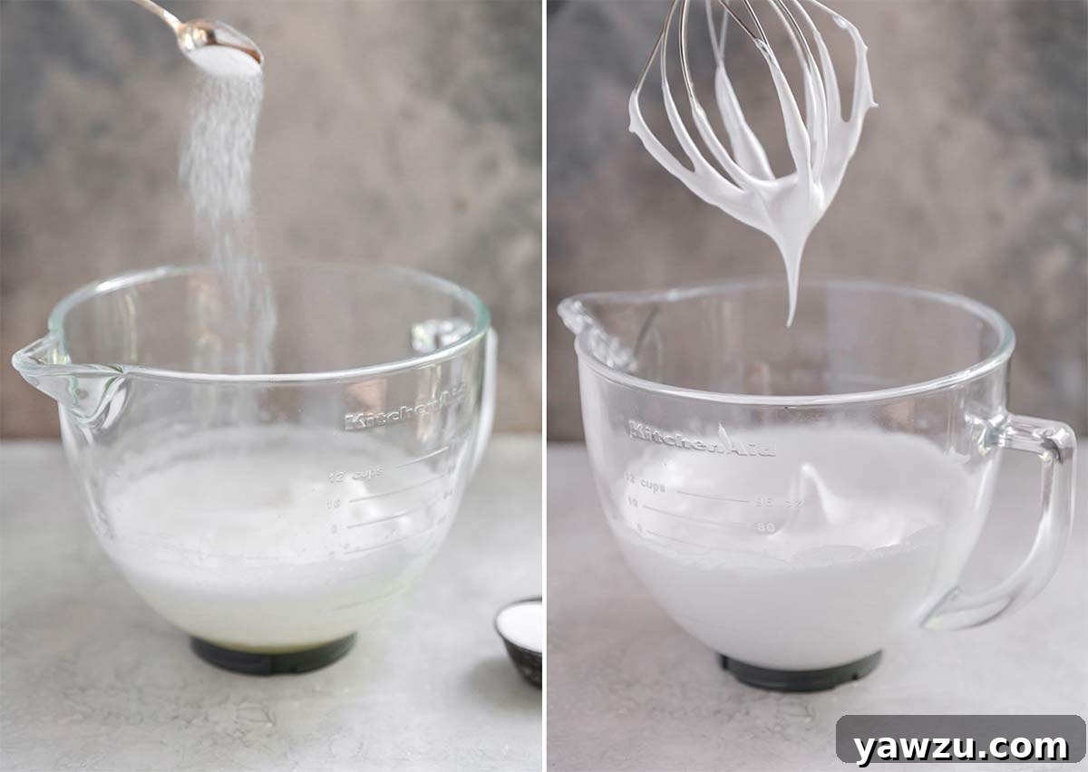 Two sequential photos: sugar being slowly added to frothy egg whites, followed by a close-up of beautifully whipped, glossy meringue with stiff peaks.