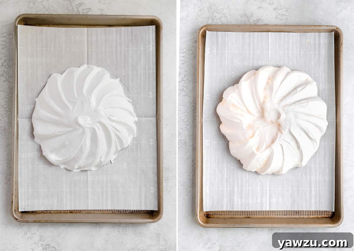 Meringue on a baking sheet in a decorative swirl before baking, and a second image showing the golden-brown, baked pavlova ready for cooling.