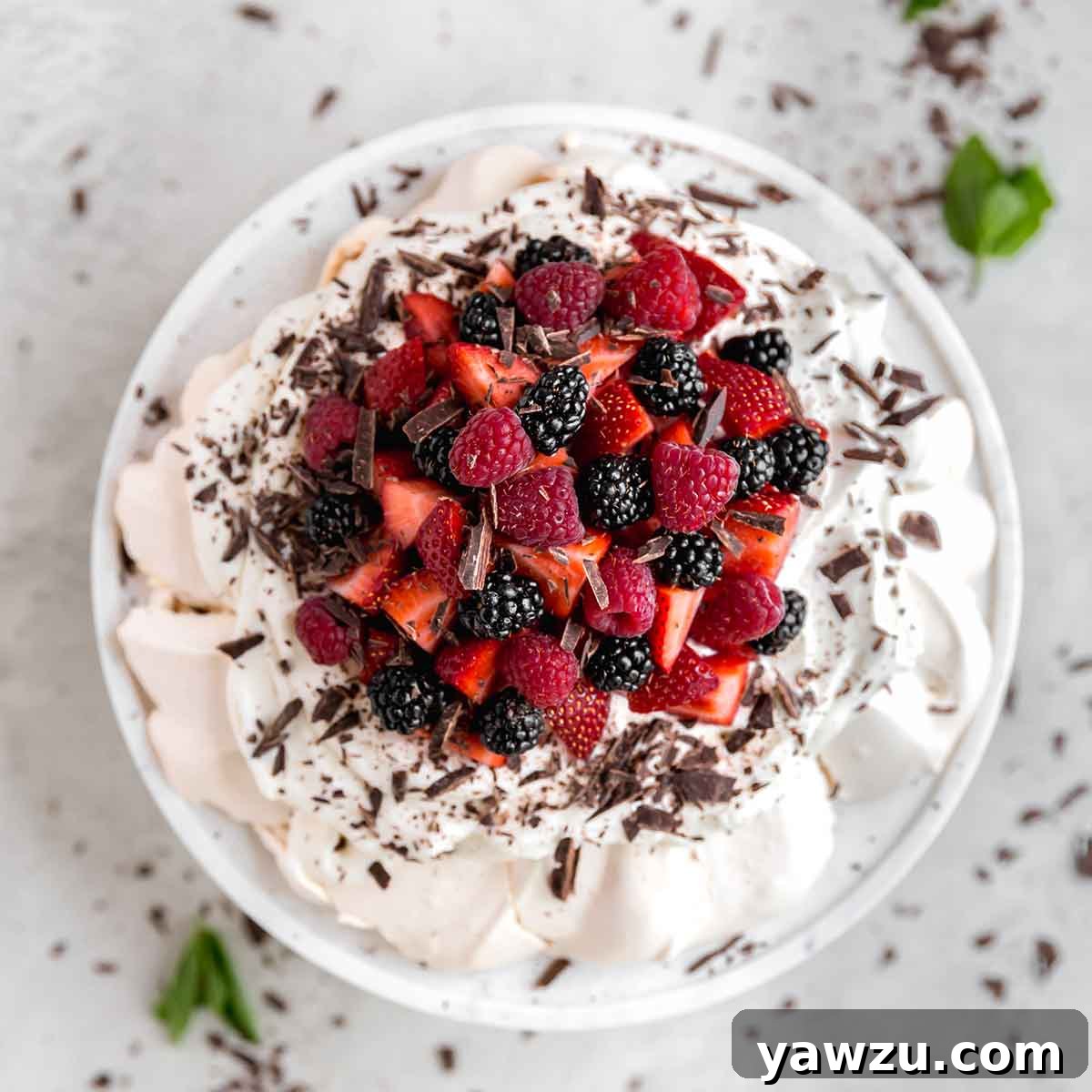 Overhead photo of pavlova topped with whipped cream, fresh berries, and chocolate shavings, presented beautifully on a platter.