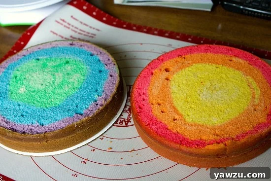 Two freshly leveled cake layers, showing the distinct vibrant colors of the rainbow cake