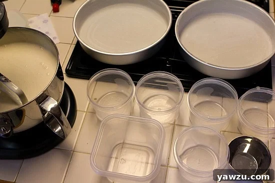 Six empty mixing bowls neatly arranged on a counter, ready for cake batter