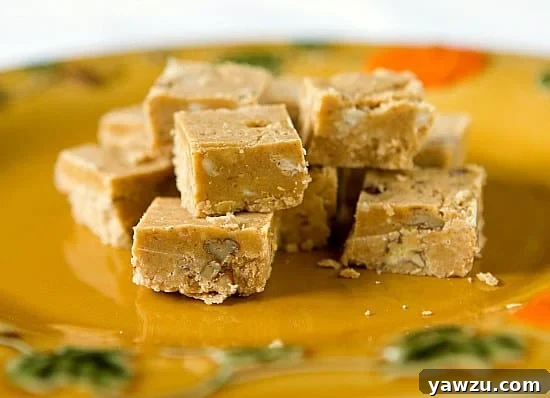 Delicious squares of pumpkin fudge on a decorative plate, perfect for fall desserts