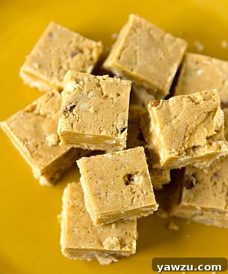 A close-up of a piece of pumpkin fudge, showcasing its creamy texture and the subtle speckles of spice