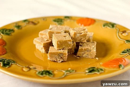 Many small squares of pumpkin fudge arranged on a white serving dish, ready for sharing