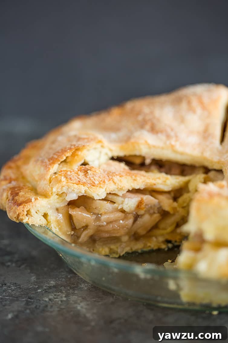 A freshly baked classic apple pie, expertly sliced to reveal its abundant, golden-brown apple filling and golden crust.