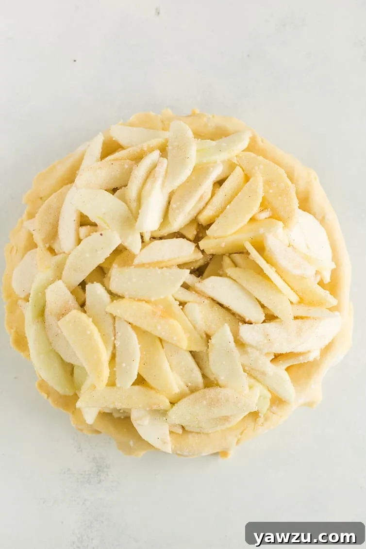 Abundant apple pie filling generously mounded inside an unbaked pie crust, showcasing the layers of perfectly sliced apples before the top crust is added.