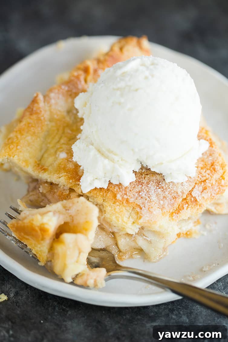 A delectable slice of classic apple pie served on a white plate, topped with a generous scoop of melting vanilla ice cream (à la mode), garnished with a mint leaf.