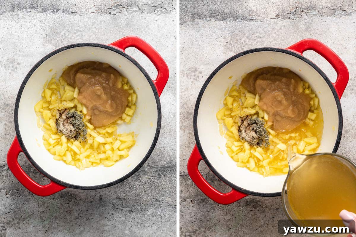 Pumpkin soup ingredients added to a Dutch oven, then stock poured in.
