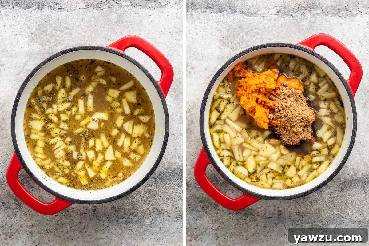 Pumpkin and brown sugar being added to pumpkin soup base in red Dutch oven.