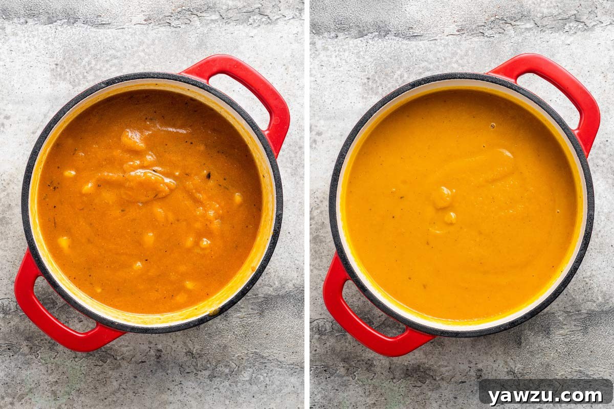 Pumpkin soup in a red Dutch oven before and after being blended with an immersion blender.