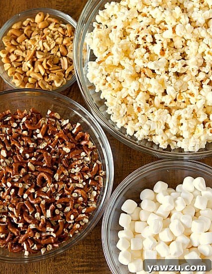 A close-up of the sweet and salty ingredients: caramel, popcorn, pretzels, peanuts, and kosher salt