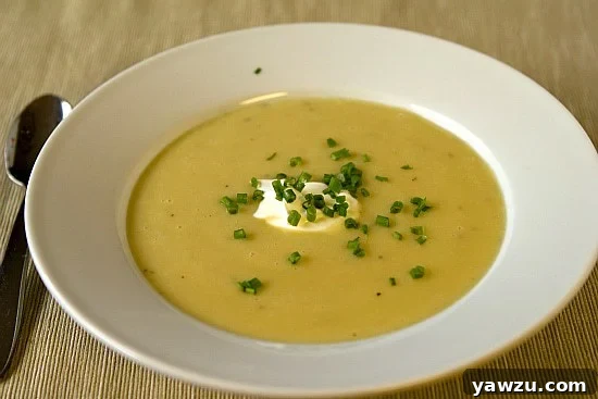 Rich and creamy potato and leek soup garnished with fresh chives, served in a rustic bowl.
