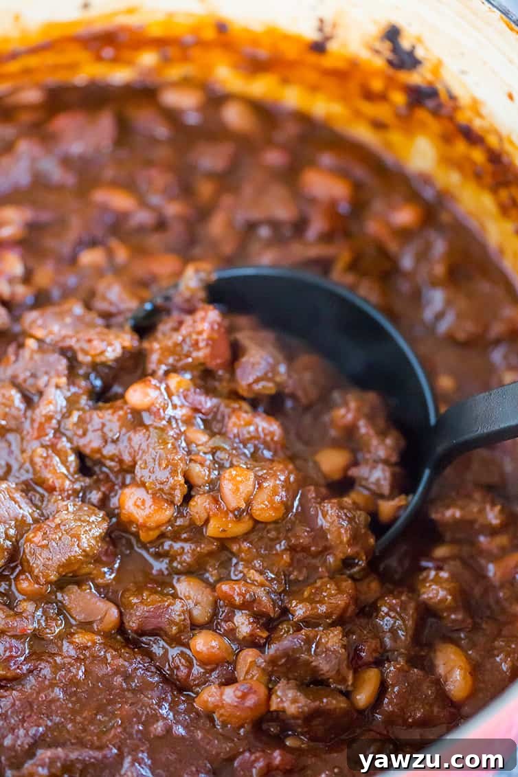 A large, rustic pot filled with simmering chili con carne, with a ladle scooping out a rich portion of the hearty stew, showcasing its thick texture.