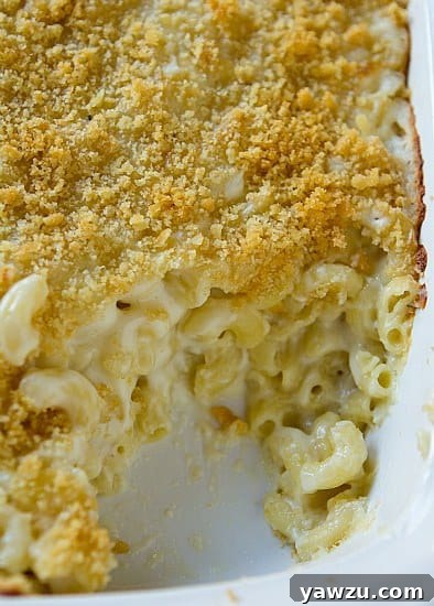 A serving of the baked macaroni and cheese casserole on a plate.