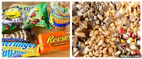 A sheet of homemade Halloween candy bark, featuring a rich dark chocolate base topped with a colorful assortment of chopped candies and a contrasting white chocolate drizzle.