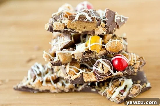 A small cellophane bag filled with irregular pieces of Leftover Halloween Candy Bark, tied with a decorative ribbon, ready for gifting.