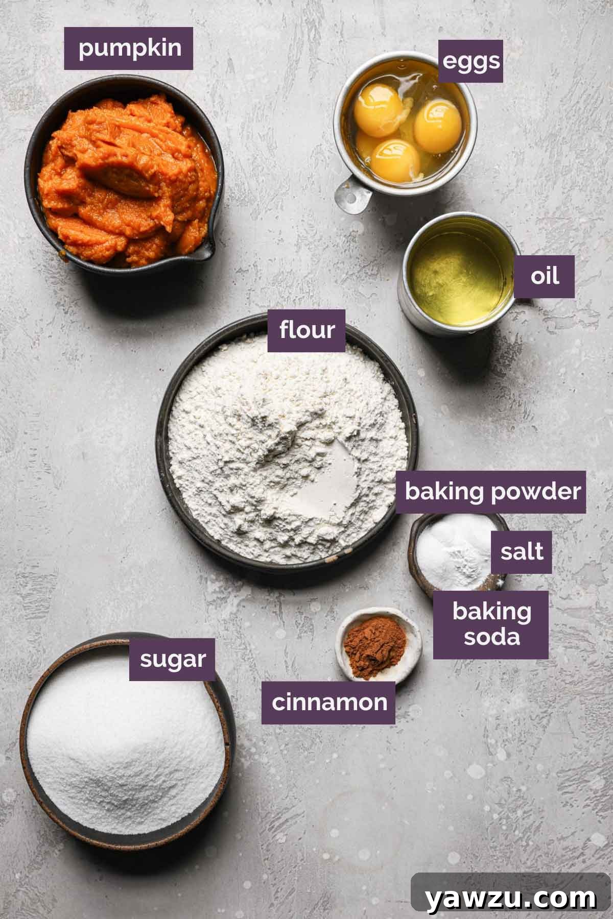 Ingredients for pumpkin bars prepped in bowls and labeled.