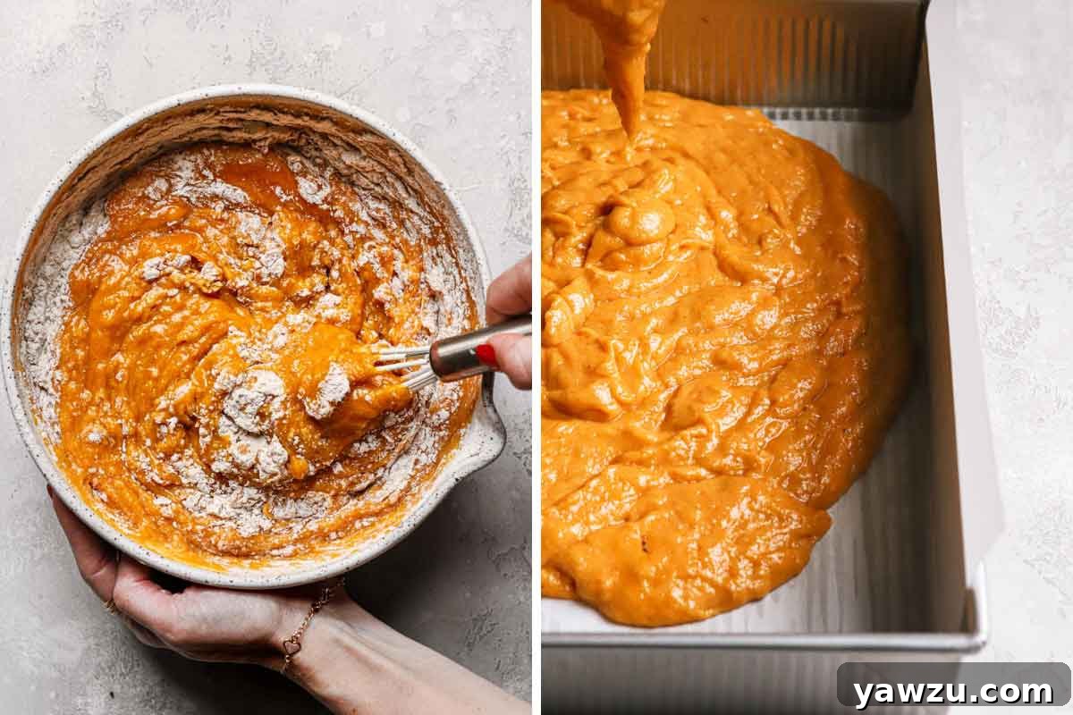 Side by side photos of wet and dry ingredients being stirred together, then batter being poured into a baking pan.