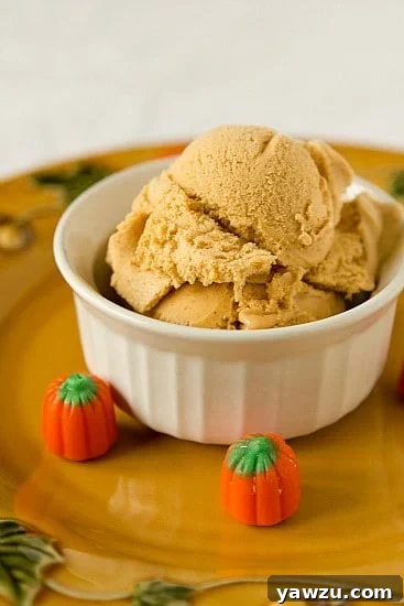 A vibrant scoop of rich, creamy pumpkin ice cream in a white bowl, garnished with a light sprinkle of cinnamon, perfect for a cozy autumn day.