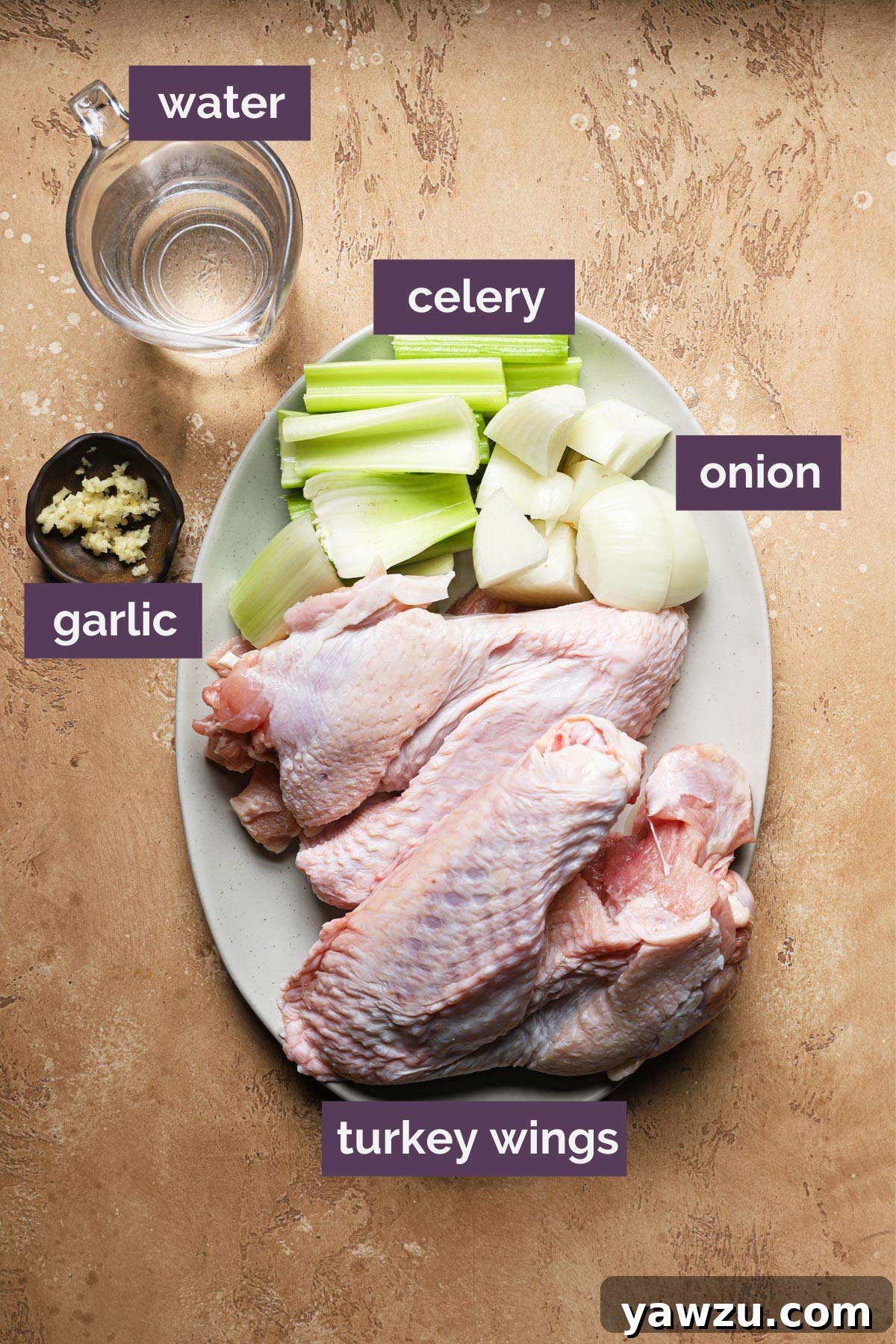 Photo of items needed to make homemade turkey stock - turkey wings, onion, celery, and garlic – ready for roasting.