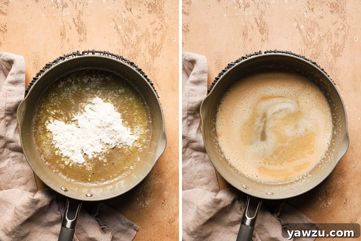 Making the roux for homemade turkey gravy in a large pan, showing melted butter and flour being whisked together.