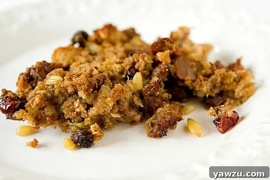 Gourmet Sausage, Fig & Cranberry Stuffing in a baking dish, ready for a festive holiday meal
