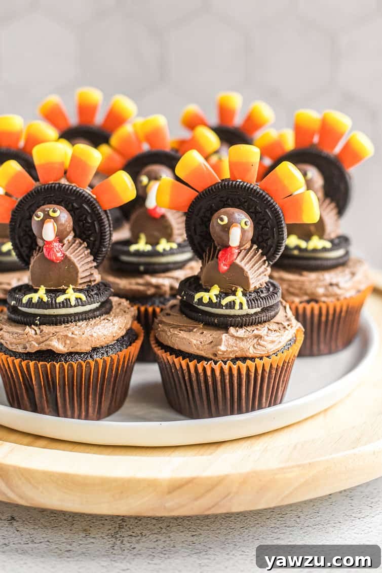 Chocolate cupcakes with turkey cupcake toppers made of candy.