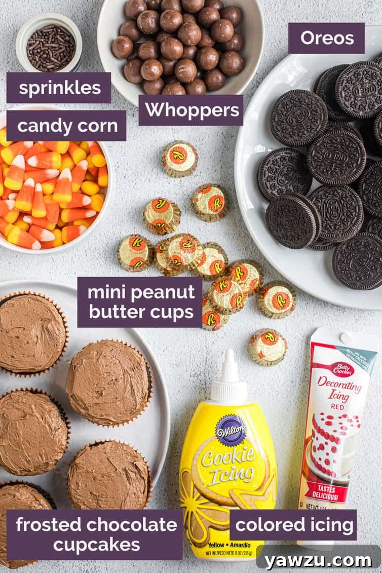 Supplies for turkey cupcakes laid out on the counter.