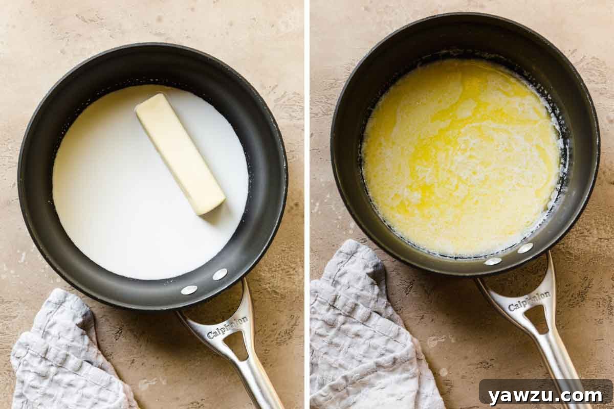 Butter and half-and-half melted together in a small black saucepan.