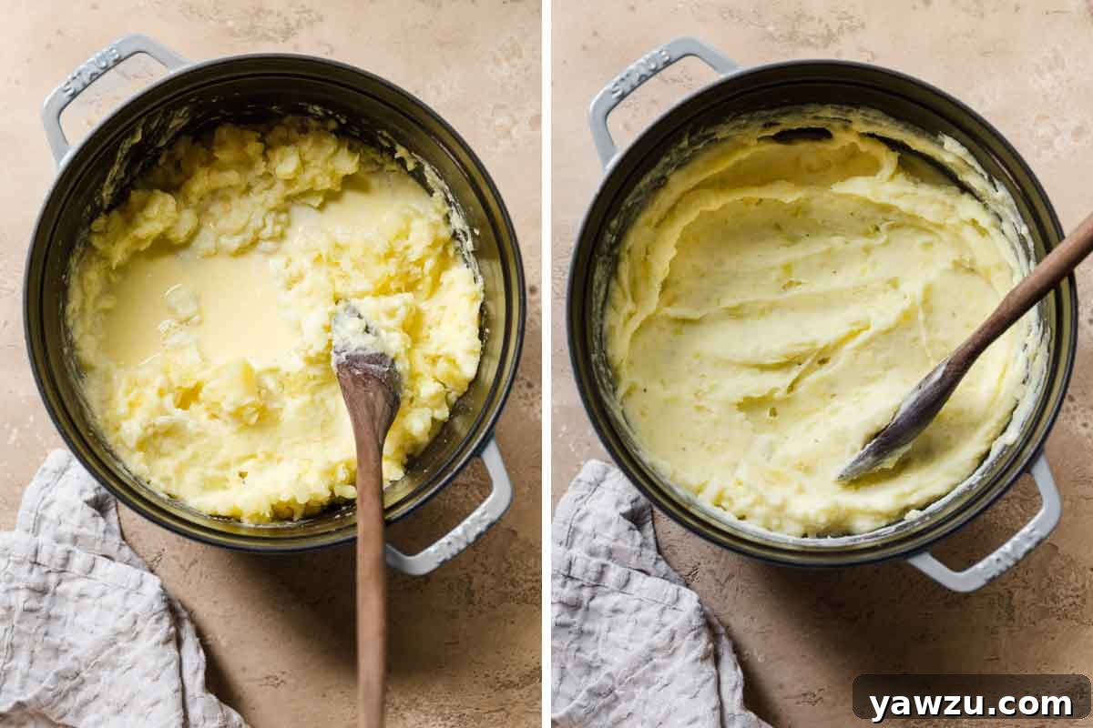 Side by side photos - on left, melted butter and cream stirred into coarsely mashed potatoes; on right, creamy mashed potatoes being stirred with wooden spoon.